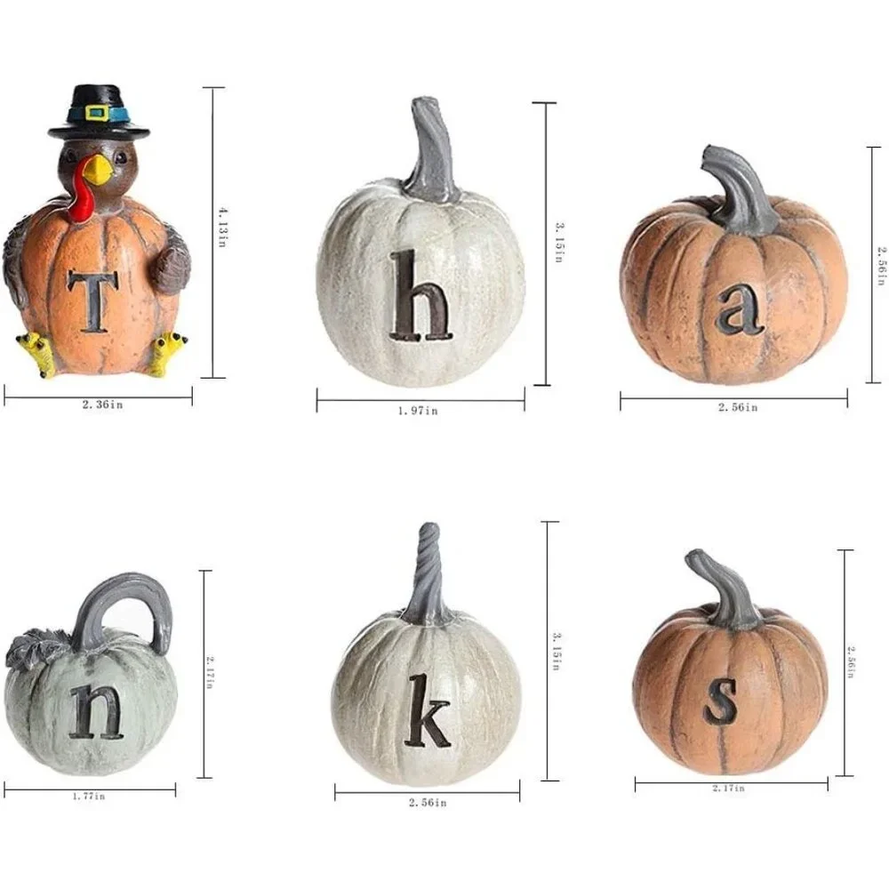 Set of 6 Hand-Painted Turkey Pumpkin with Engraved Thanksgiving Decoration